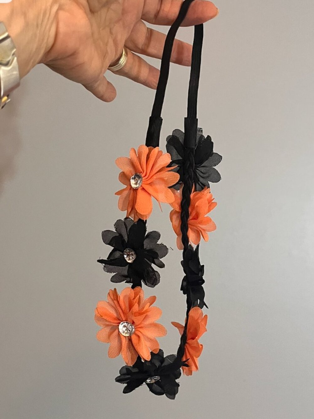 Lux Accessories Black & Orange Floral Rhinestone Headband | Boho Festival Fall